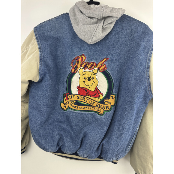 VTG Disney Store Winnie The Pooh Patch No Bother Bear Snap Denim Bomber Jacket S - Picture 4 of 16